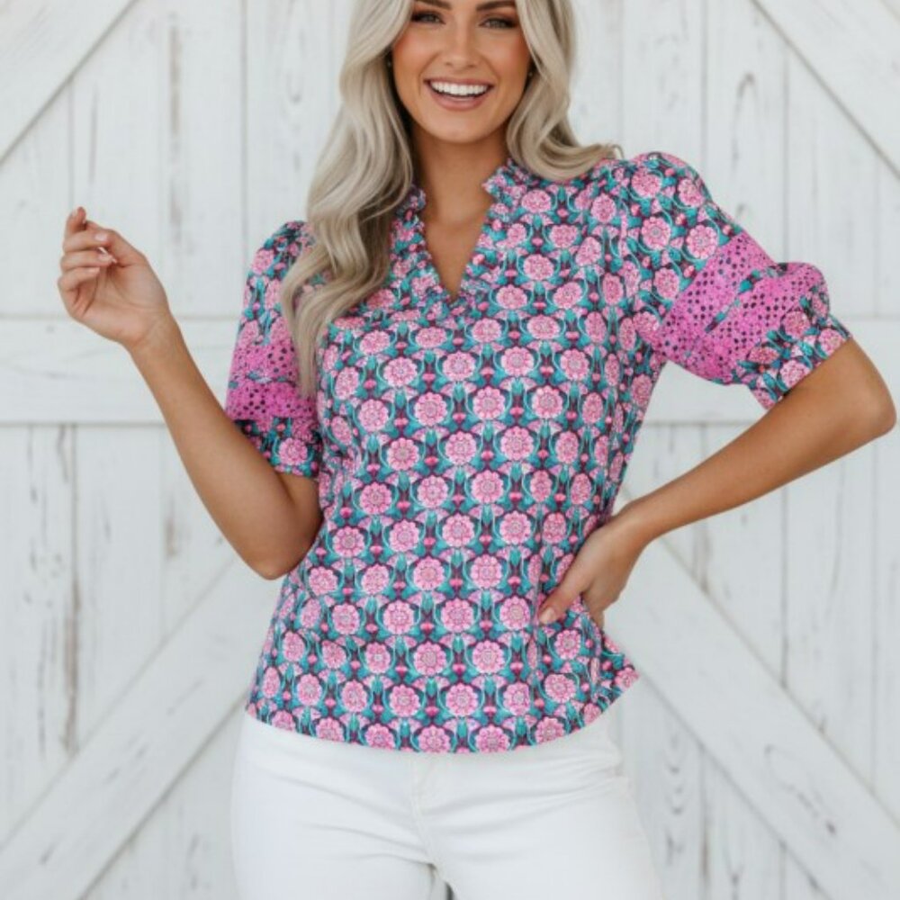 Floral Abstract V-Neck Ruffle Puff Sleeve Top